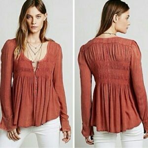 Free People Blue Bird Smocked
Peasant Boho Raw Hem